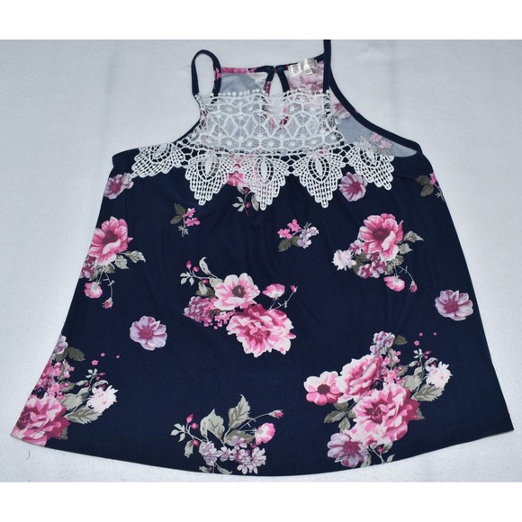 Stella Tweed Top Sz S Floral Print White Lace Crochet Spaghetti Straps - Picture 1 of 5